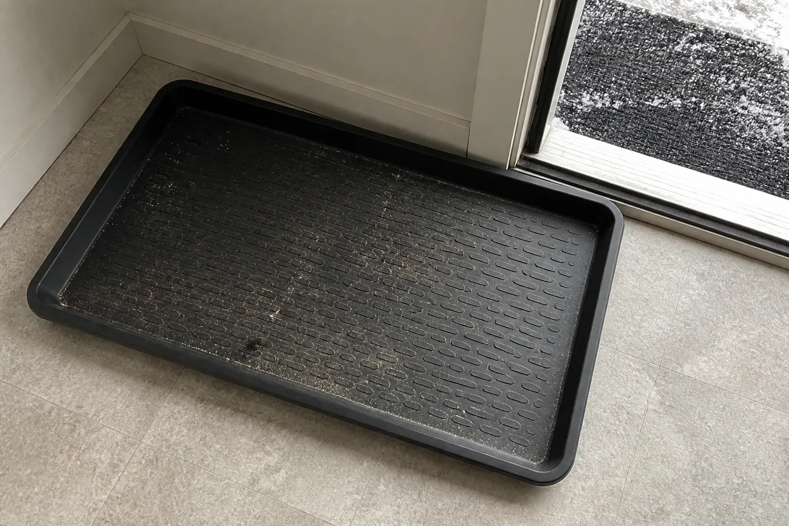 Boot tray catching winter grit during apartment cleaning in Alaska