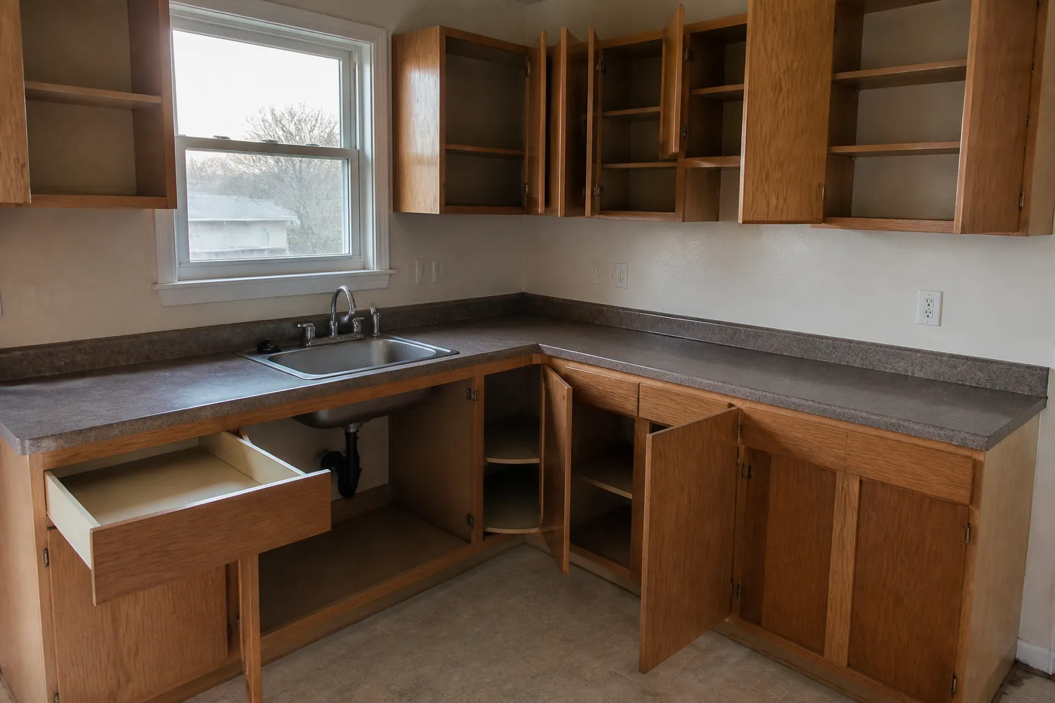 Empty kitchen cabinets after move-out cleaning in Fairbanks